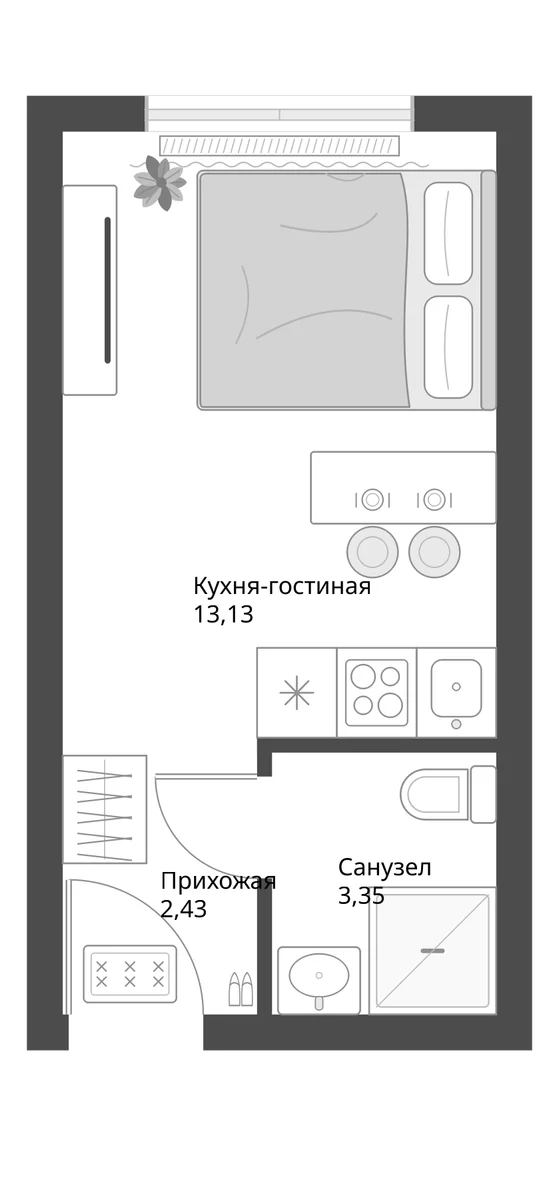Планировка: Студия 18,9 м² в ЖК «Апарт-комплекс Первый Зеленый»
