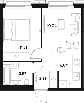 Планировка: Евродвушка 33,6 м² в ЖК «ЭВО»