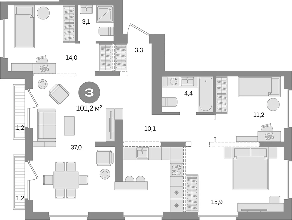 Планировка: 3-комнатная квартира 98,8 м² в ЖК «Первый квартал. Вторая очередь»
