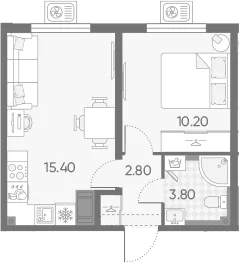 Планировка: Евродвушка 32,2 м² в ЖК «Зеркальный ручей»