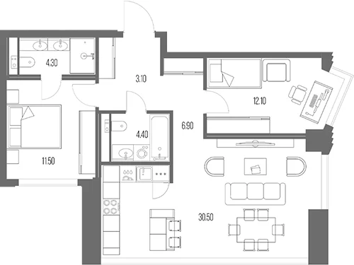 Планировка: 2-комнатная квартира 72,8 м² в ЖК «Северный Порт»