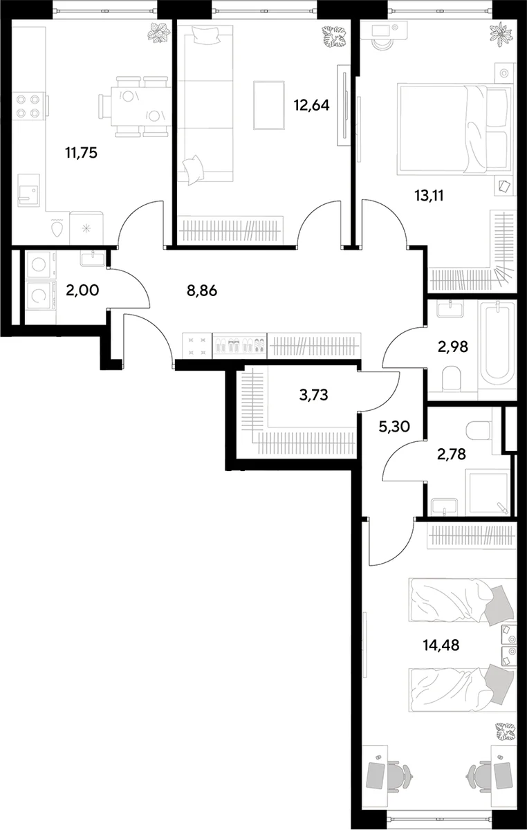 Планировка: 3-комнатная квартира 77,6 м² в ЖК «Космопарк»