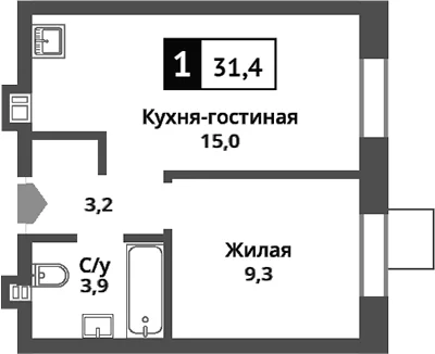 Планировка: Евродвушка 31,4 м² в ЖК «Никольский квартал Отрада»