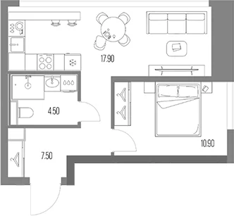 Планировка: 1-комнатная квартира 40,8 м² в ЖК «Северный Порт»