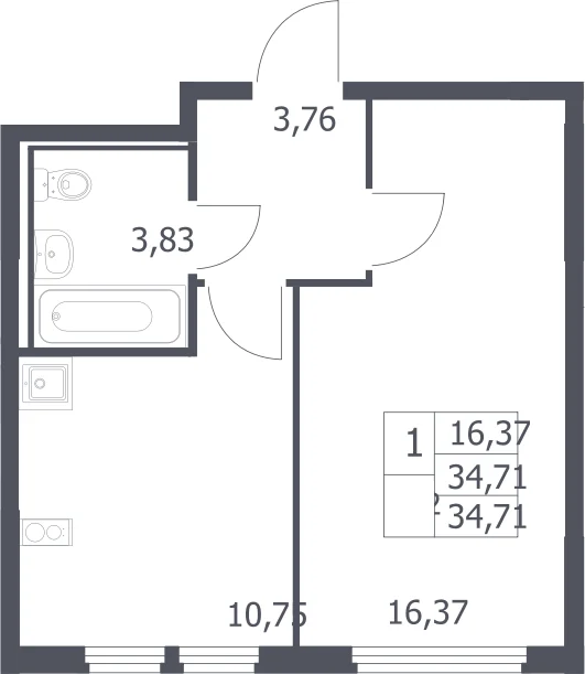 Планировка: 1-комнатная квартира 34,7 м² в ЖК «Остафьево»