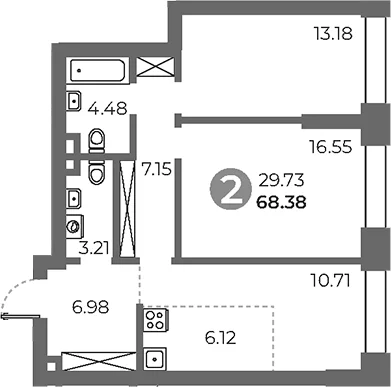 Планировка: 2-комнатная квартира 68,4 м² в ЖК «Павелецкая от Гранель»