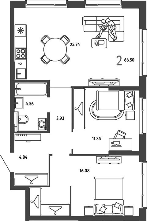 Планировка: 2-комнатная квартира 66,5 м² в ЖК «Страна.Парковая»