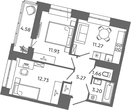 Планировка: Евротрёшка 46,1 м² в ЖК «Загляденье»