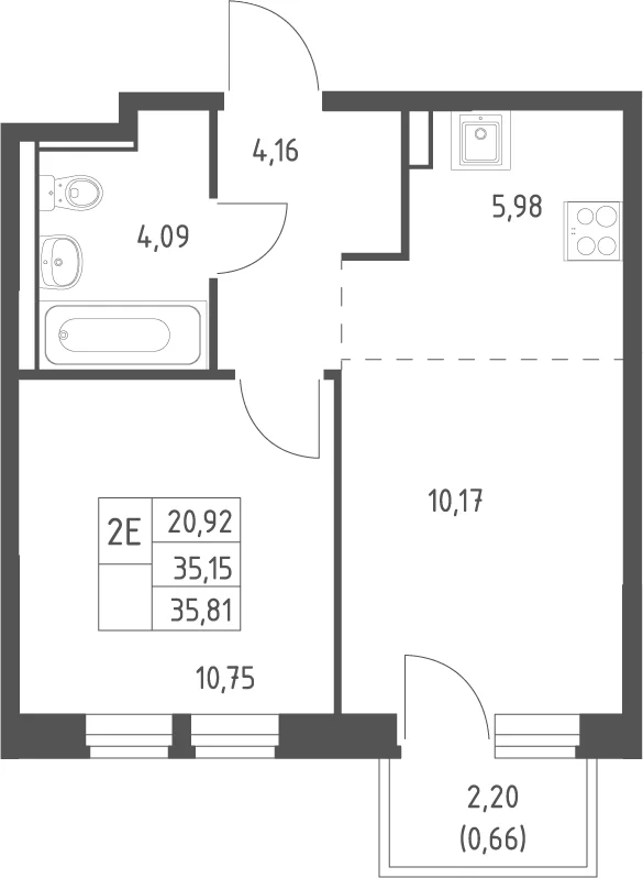 Планировка: Евродвушка 35,2 м² в ЖК «Квартал Ивакино»