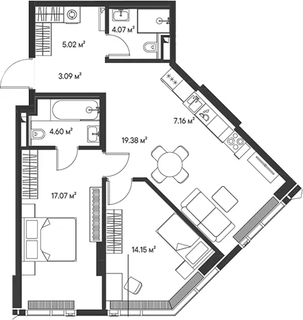 Планировка: Евротрёшка 74,5 м² в ЖК «Джойс»
