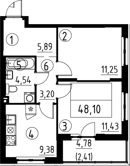 Планировка: 2-комнатная квартира 45,7 м² в ЖК «А101 Лаголово»