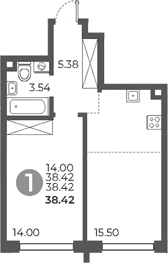 Планировка: 1-комнатная квартира 38,4 м² в ЖК «Дубровка от Гранель»