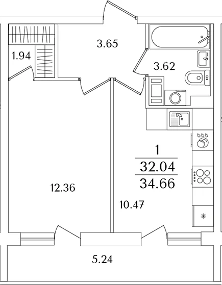 Планировка: 1-комнатная квартира 32 м² в ЖК «Кинопарк»