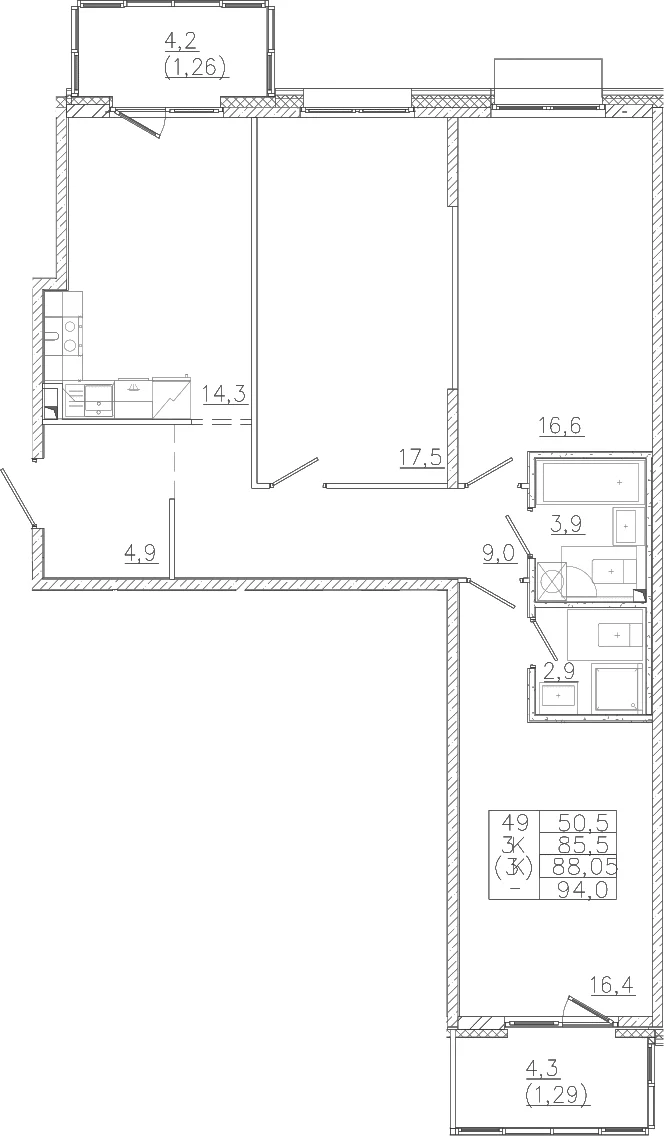 Планировка: 3-комнатная квартира 85,5 м² в ЖК «Лисино»