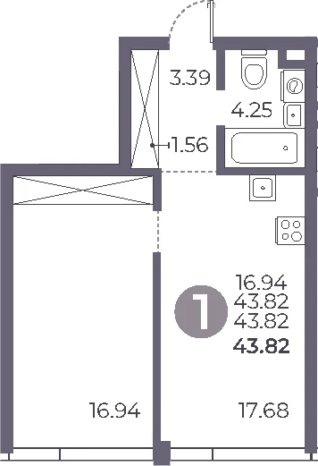 Планировка: 1-комнатная квартира 43,8 м² в ЖК «Мневники от Гранель»