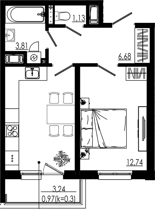 Планировка: 1-комнатная квартира 37,7 м² в ЖК «LIBERTY DOM»