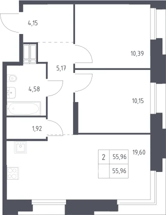 Планировка: Евротрёшка 56 м² в ЖК «Тропарево Парк»