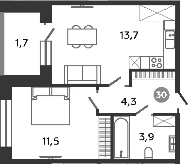 Планировка: 1-комнатная квартира 33,4 м² в ЖК «Графская слобода в Песках»