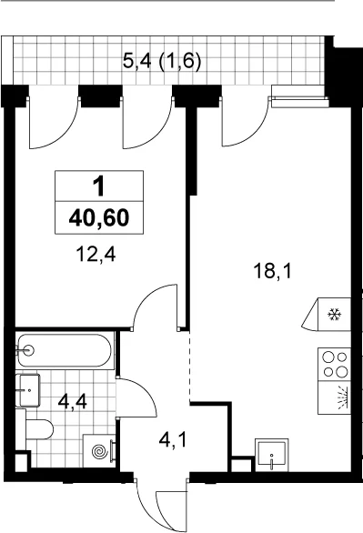 Планировка: 1-комнатная квартира 39 м² в ЖК «Деснаречье»