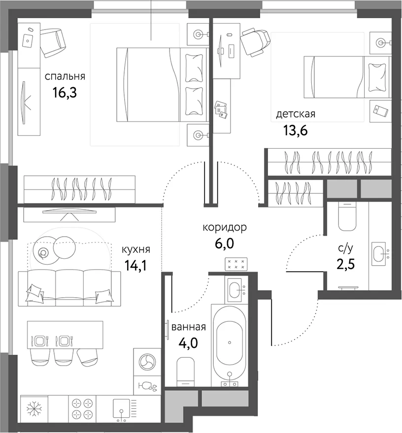 Планировка: 2-комнатная квартира 56,5 м² в ЖК «Сиреневый парк»