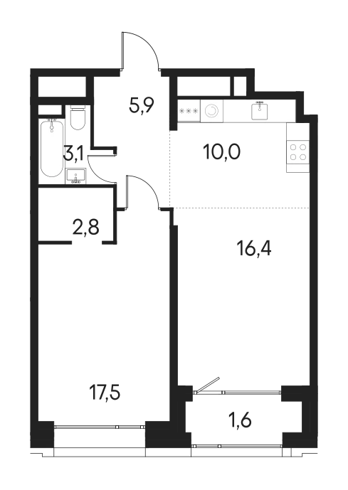 Планировка: Евродвушка 55,7 м² в ЖК «Клубный город на реке Примавера»