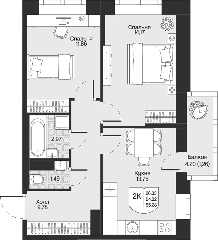 Планировка: 2-комнатная квартира 54 м² в ЖК «Охтинские высоты»