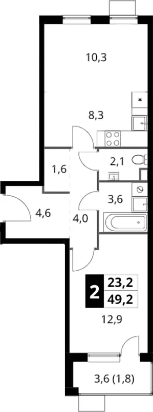 Планировка: Евродвушка 47,4 м² в ЖК «1-й Шереметьевский»