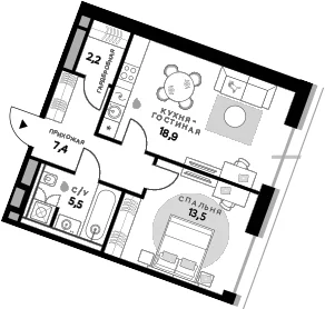 Планировка: 1-комнатная квартира 47,5 м² в ЖК «СберСити»