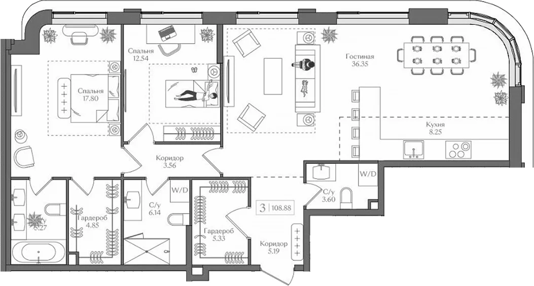 Планировка: Евротрёшка 108,9 м² в ЖК «Преображенская площадь»