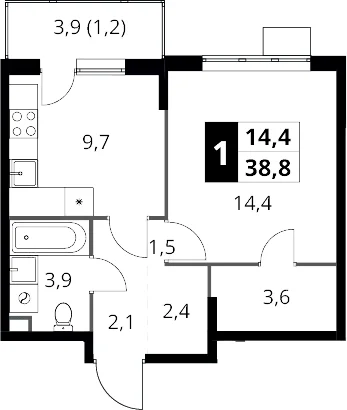 Планировка: 1-комнатная квартира 37,6 м² в ЖК «1-й Шереметьевский»