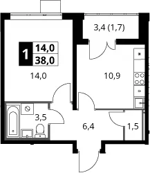 Планировка: 1-комнатная квартира 36,3 м² в ЖК «1-й Южный»