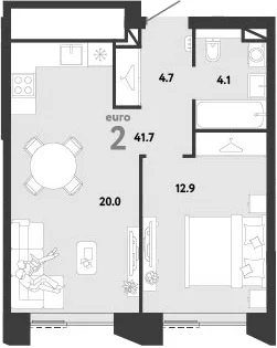 Планировка: Евродвушка 41,7 м² в ЖК «Страна.Заречная»