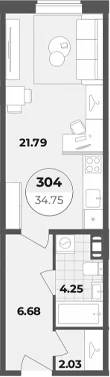 Планировка: Студия 34,8 м² в ЖК «Апарт-отель Лиговский 127»