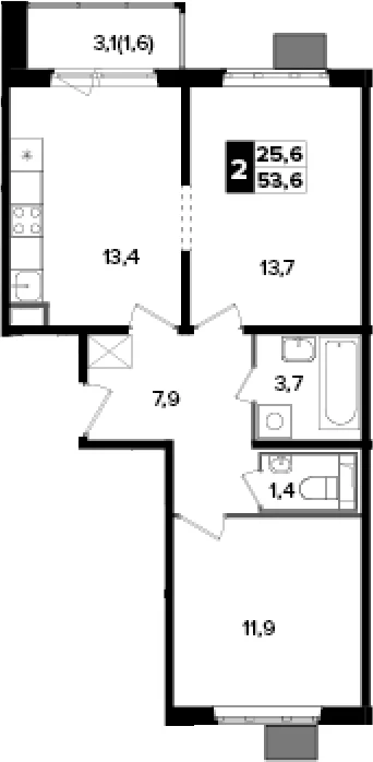 Планировка: 2-комнатная квартира 52 м² в ЖК «Южная Битца»