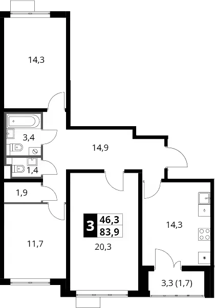 Планировка: 3-комнатная квартира 82,2 м² в ЖК «Южная Битца»