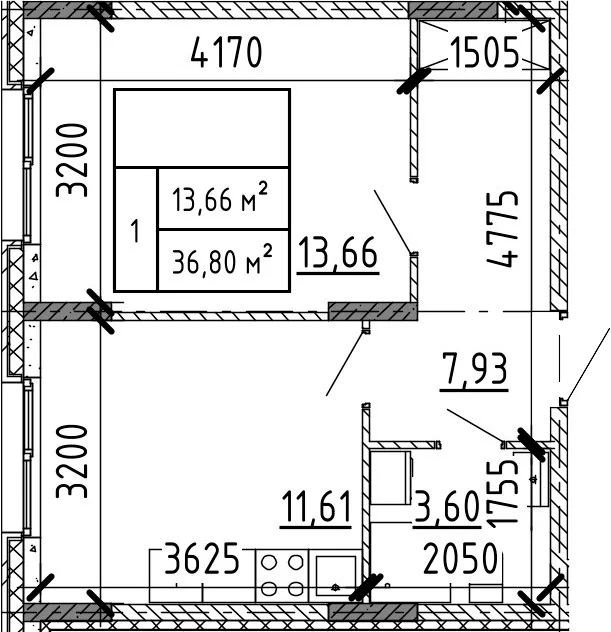 Планировка: 1-комнатная квартира 36,8 м² в ЖК «Аннино Сити»