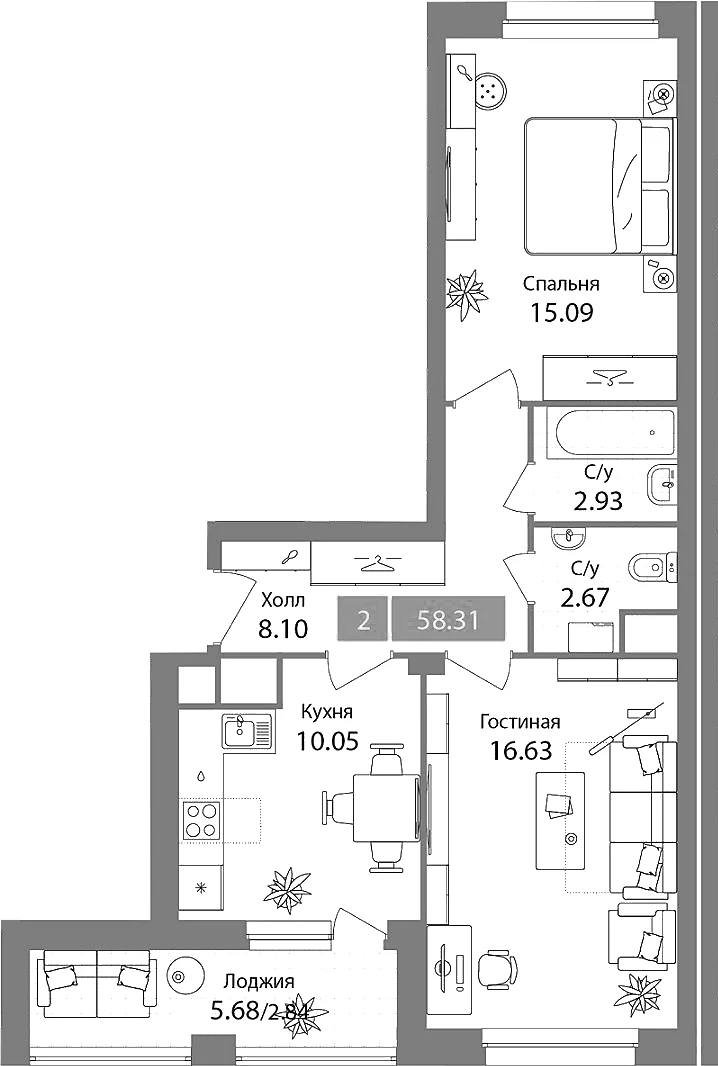 Планировка: 2-комнатная квартира 55,5 м² в ЖК «Планерный квартал»