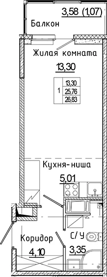 Планировка: Студия 25,8 м² в ЖК «Аквилон Янино»