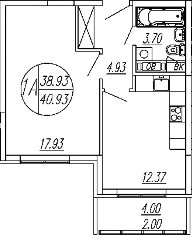Планировка: 1-комнатная квартира 38,9 м² в ЖК «Шолохово»