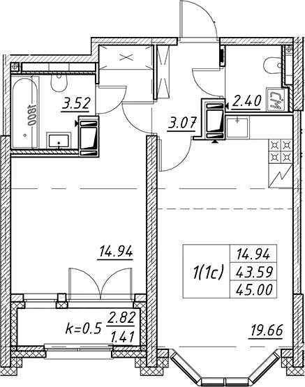 Планировка: Евродвушка 43,6 м² в ЖК «Цивилизация на Неве»