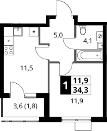 Планировка: 1-комнатная квартира 32,5 м² в ЖК «1-й Ясеневский»