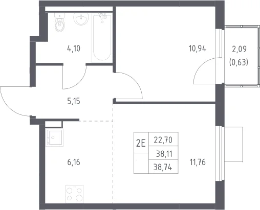 Планировка: Евродвушка 38,1 м² в ЖК «Горки Парк»