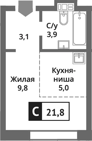 Планировка: Студия 21,8 м² в ЖК «Никольский квартал Отрада»