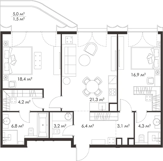 Планировка: Евротрёшка 84,6 м² в ЖК «КИНГ&САНС»