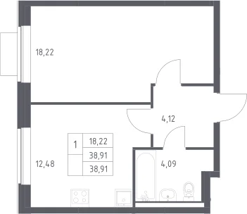 Планировка: 1-комнатная квартира 38,9 м² в ЖК «Новое Видное»