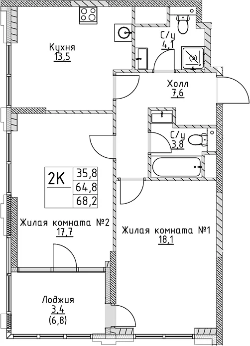 Планировка: 2-комнатная квартира 64,8 м² в ЖК «ВЭРИ на Миклухо-Маклая»
