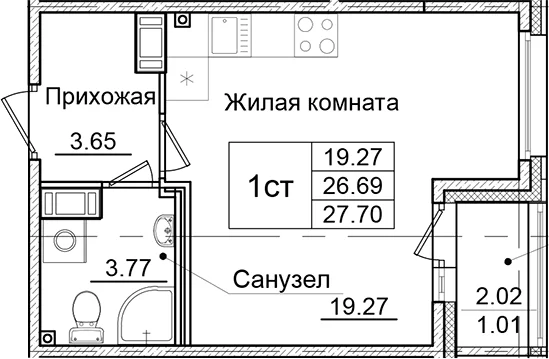 Планировка: Студия 26,7 м² в ЖК «Квартал Заречье»