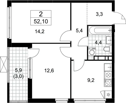 Планировка: 2-комнатная квартира 49,1 м² в ЖК «Бунинские кварталы»