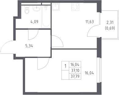 Планировка: 1-комнатная квартира 37,1 м² в ЖК «Мытищи Парк»