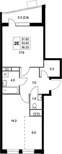 Планировка: Евродвушка 53,7 м² в ЖК «Легенда Коренево»